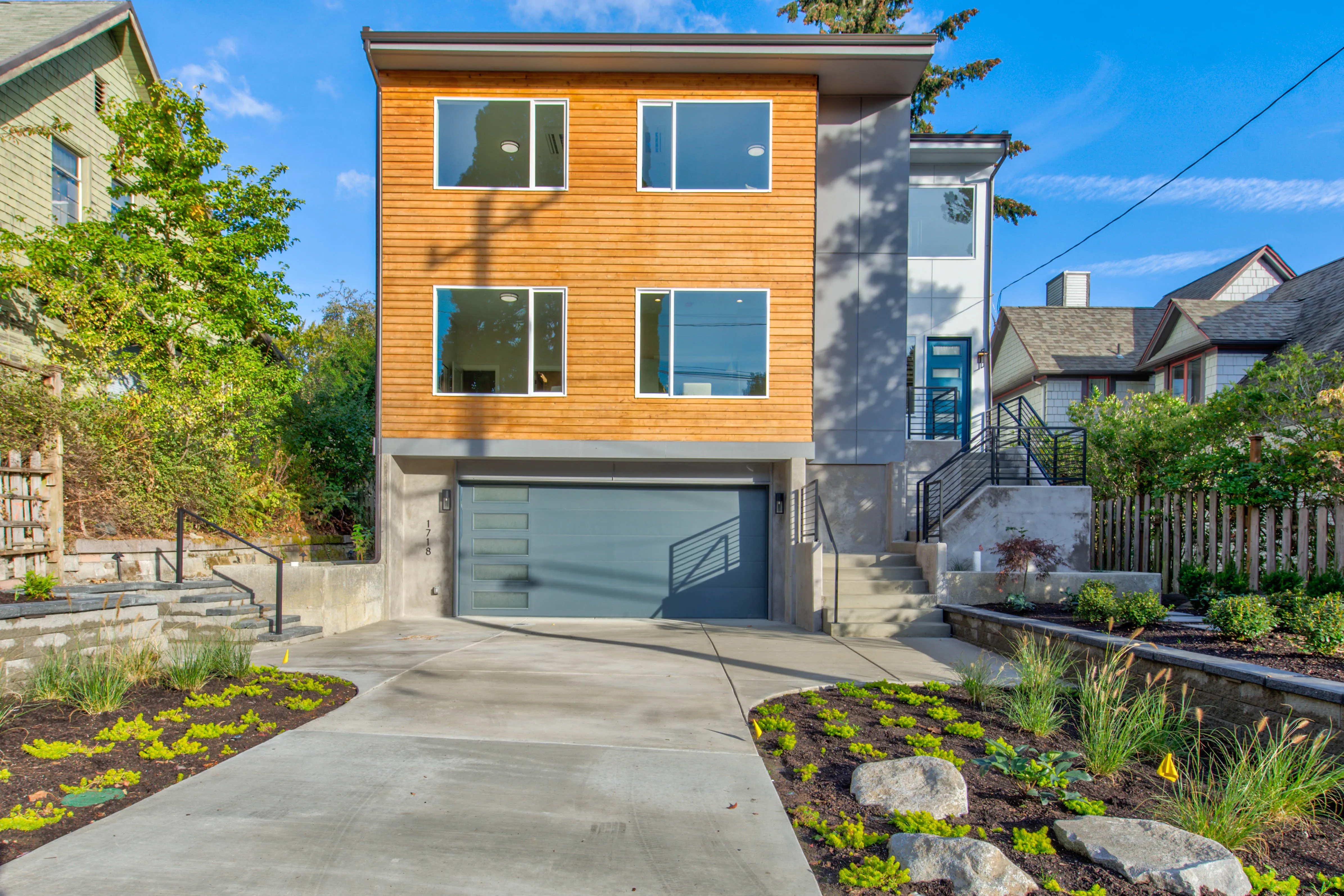 Seattle project front facade on a bright day.